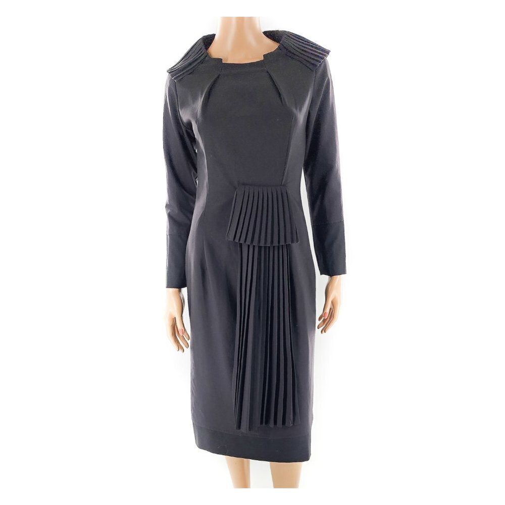 COTTONADE Paris Black Pleated Details Wool Blend Sheath Dress France‎